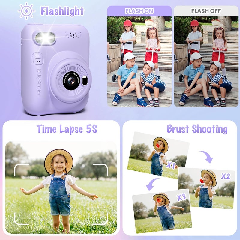 Gofunly Kids Camera Instant Print, 3.0" HD 32MP Kids Camera Christmas Birthday Gifts for 3 4 5 6 7 8 9 10 11 12 Year Old Girls Boys, 32GB SD Card-Purple - Image 3